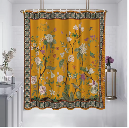 Retro Yellow Floral Waterproof Shower Curtain – 180 × 180 cm Mildew-Resistant Bathroom Décor