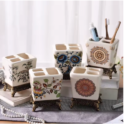 Vintage Floral Ceramic Toothbrush & Toothpaste Holder – Elegant Bathroom Organizer