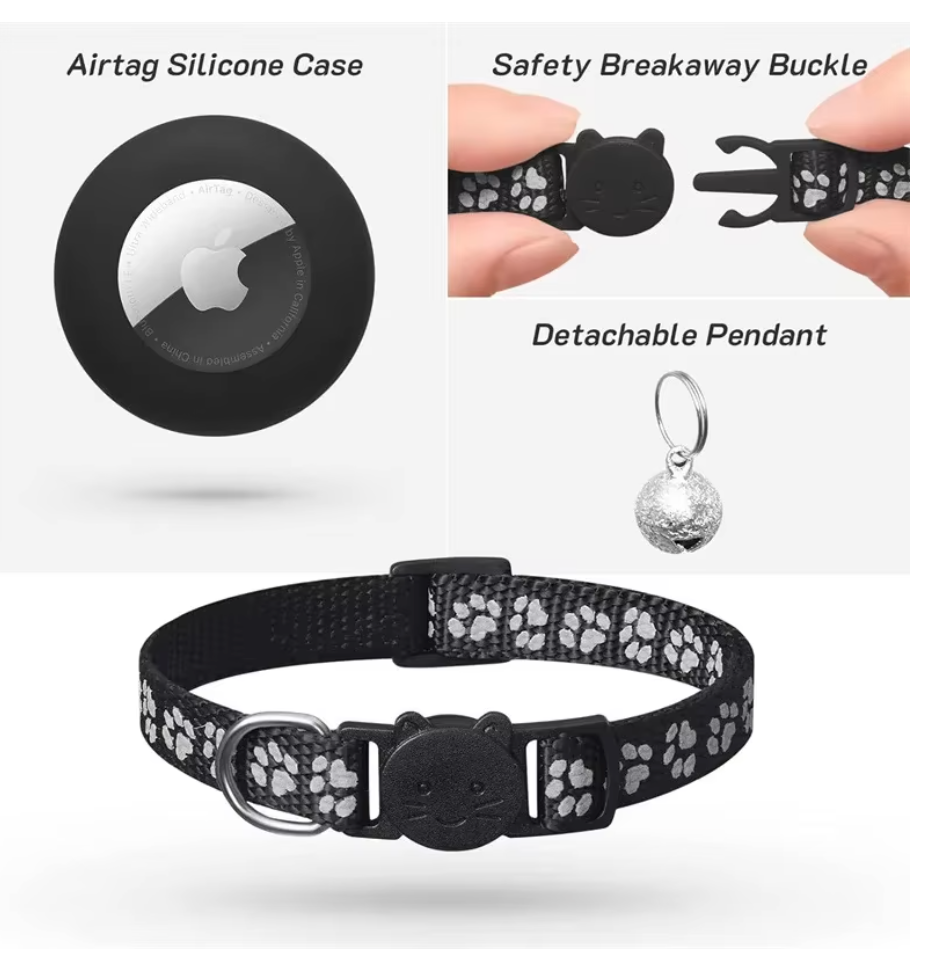 Cat Collar Compatible with Apple Airtag with Bell Adjustable Safety Buckle Reflective GPS Collar for Kittens Puppies 7-12In