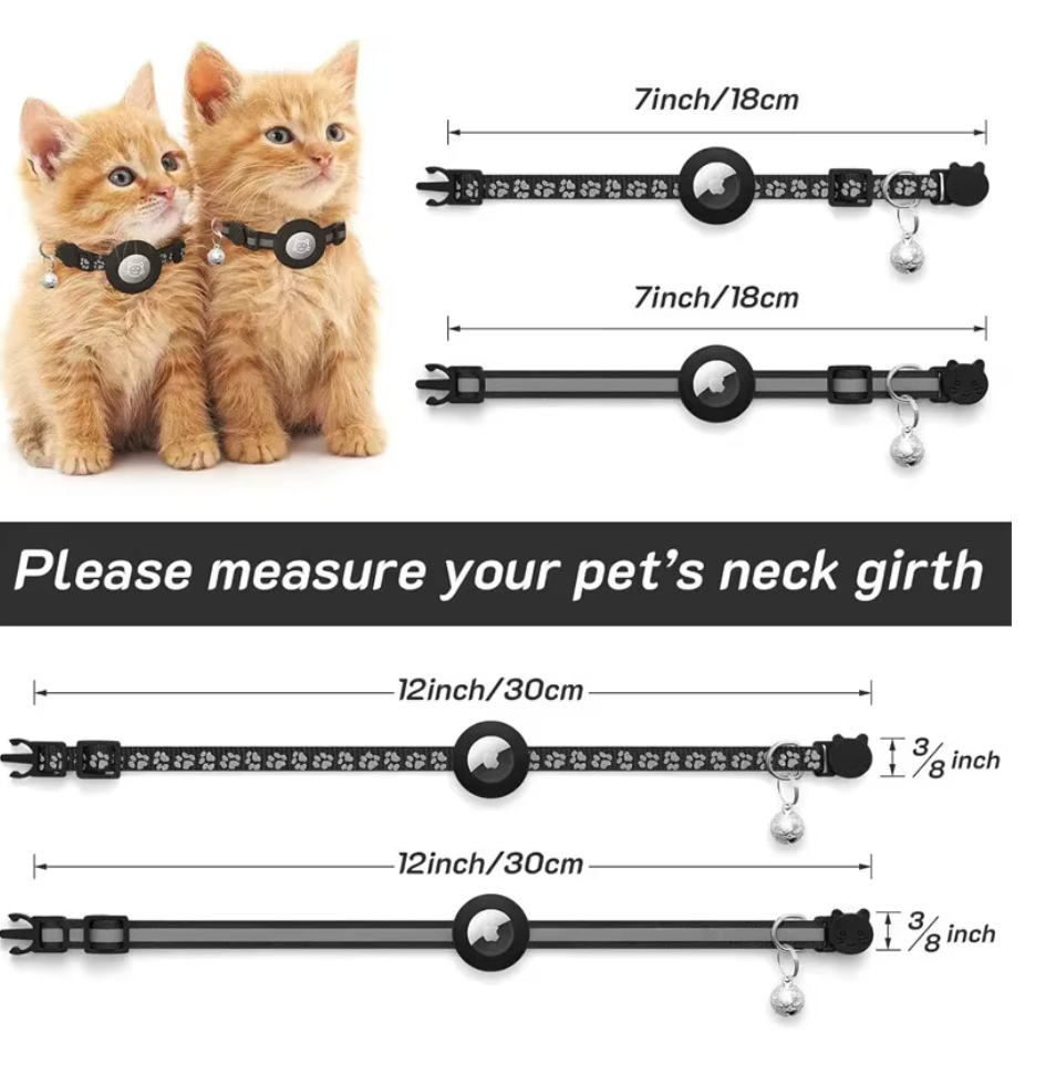 Cat Collar Compatible with Apple Airtag with Bell Adjustable Safety Buckle Reflective GPS Collar for Kittens Puppies 7-12In