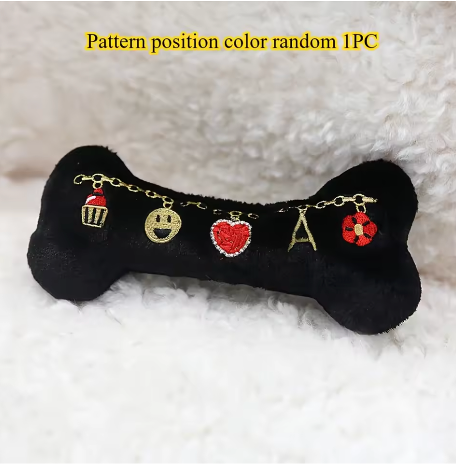 Luxury Plush Bone Squeaky Dog Toy – Interactive Cat & Dog Companion Toy with Embroidered Design