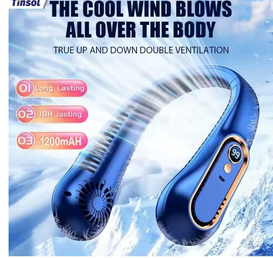 TINSOL USB Rechargeable Hanging Neck Fan – Portable Ceiling Fan with Digital Display for Students & Office Sports