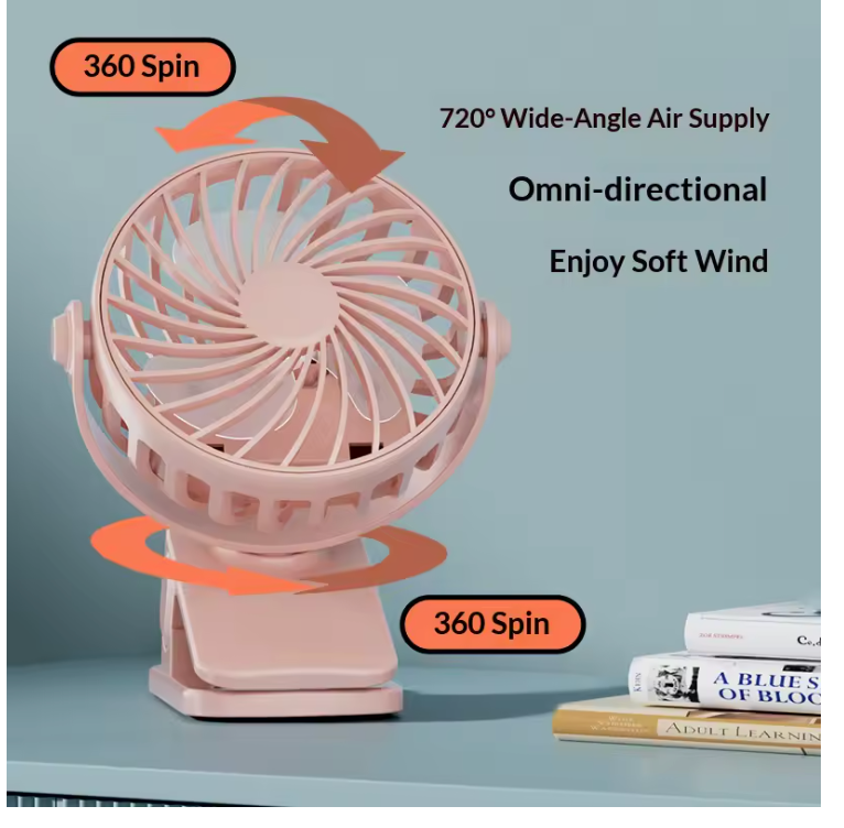 HOMEFISH Portable Clip Fan – 720° Rotatable Rechargeable Hanging Fan with Night Light for Outdoor & Camping