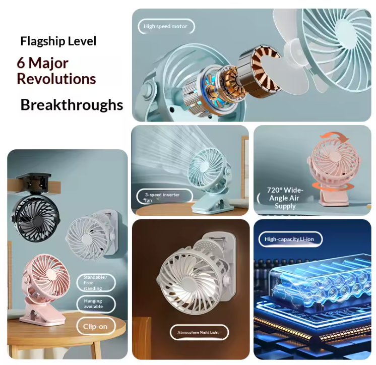 HOMEFISH Portable Clip Fan – 720° Rotatable Rechargeable Hanging Fan with Night Light for Outdoor & Camping
