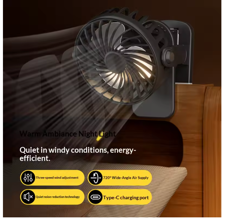 HOMEFISH Portable Clip Fan – 720° Rotatable Rechargeable Hanging Fan with Night Light for Outdoor & Camping