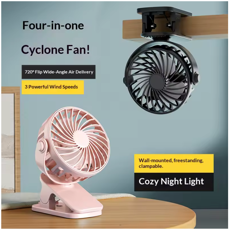 HOMEFISH Portable Clip Fan – 720° Rotatable Rechargeable Hanging Fan with Night Light for Outdoor & Camping