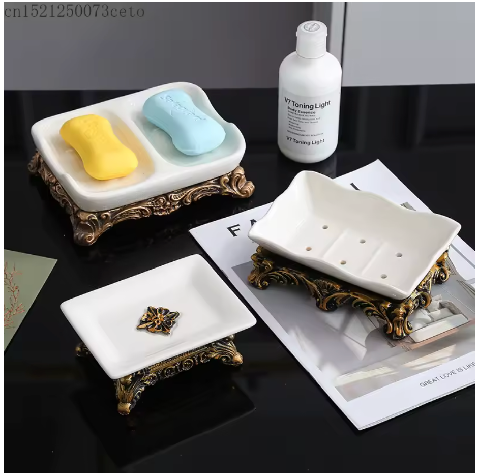 European Vintage Ceramic Double Soap Dish with Drainage – Elegant Bathroom Organizer
