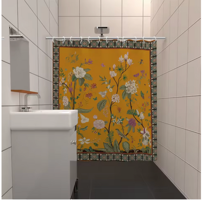 Retro Yellow Floral Waterproof Shower Curtain – 180 × 180 cm Mildew-Resistant Bathroom Décor