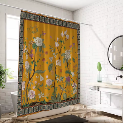 Retro Yellow Floral Waterproof Shower Curtain – 180 × 180 cm Mildew-Resistant Bathroom Décor