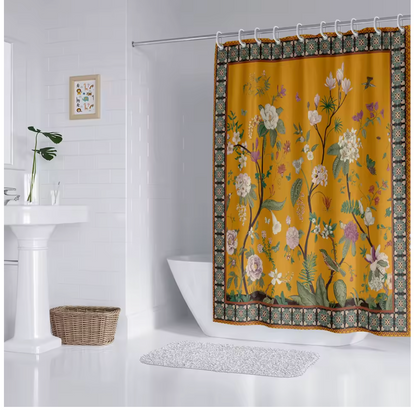 Retro Yellow Floral Waterproof Shower Curtain – 180 × 180 cm Mildew-Resistant Bathroom Décor