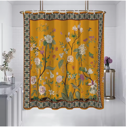 Retro Yellow Floral Waterproof Shower Curtain – 180 × 180 cm Mildew-Resistant Bathroom Décor