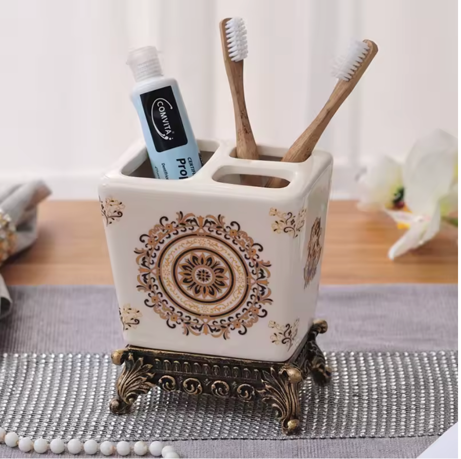 Vintage Floral Ceramic Toothbrush & Toothpaste Holder – Elegant Bathroom Organizer