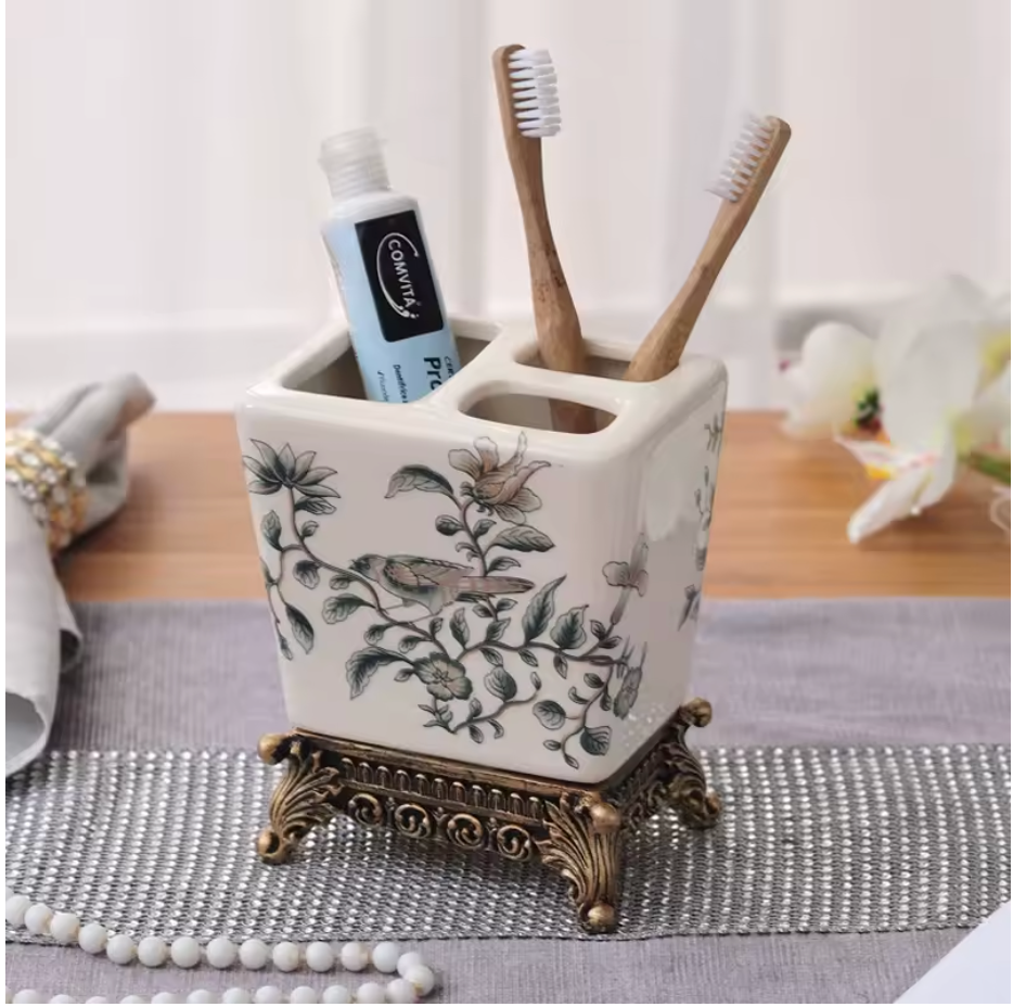 Vintage Floral Ceramic Toothbrush & Toothpaste Holder – Elegant Bathroom Organizer