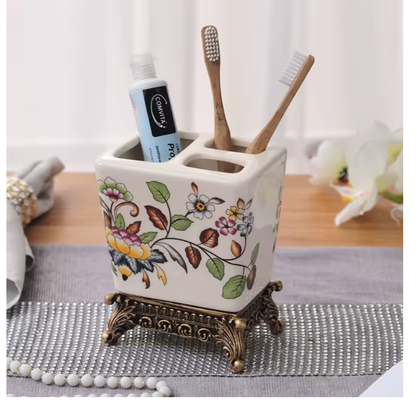 Vintage Floral Ceramic Toothbrush & Toothpaste Holder – Elegant Bathroom Organizer