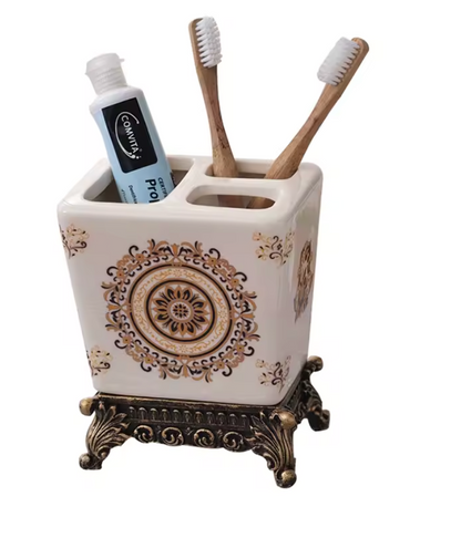 Vintage Floral Ceramic Toothbrush & Toothpaste Holder – Elegant Bathroom Organizer